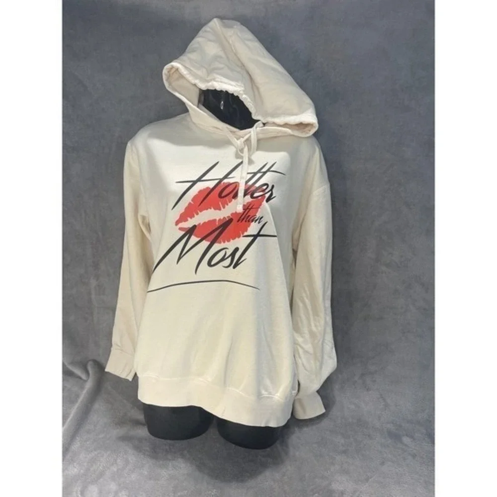 Hotter Than Most Hoodie Sweatshirt Cream Graphic Print Pullover Hooded‎ medium